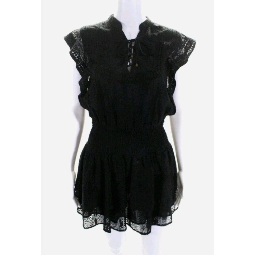 Moon River Smocked Waist Lace Ruffle Blouson Mini Dress Black Size Small